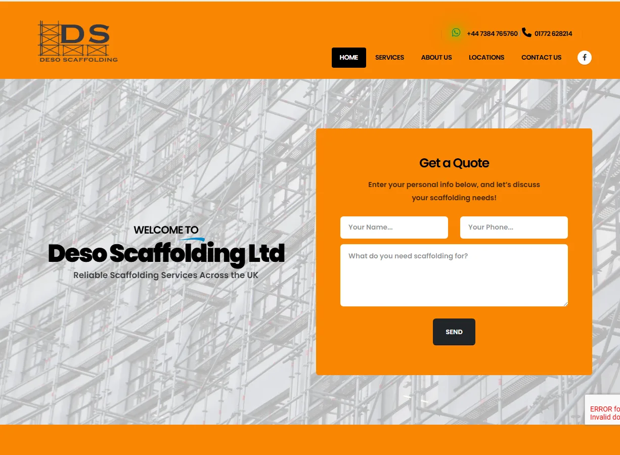Deso Scaffolding Ltd website screenshot built by Web Spinner UK