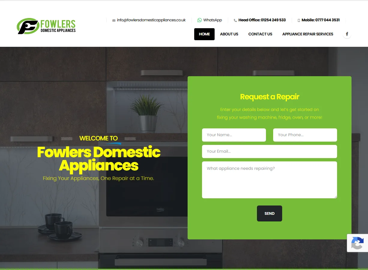 Fowlers Domestic Appliances website screenshot built by Web Spinner UK