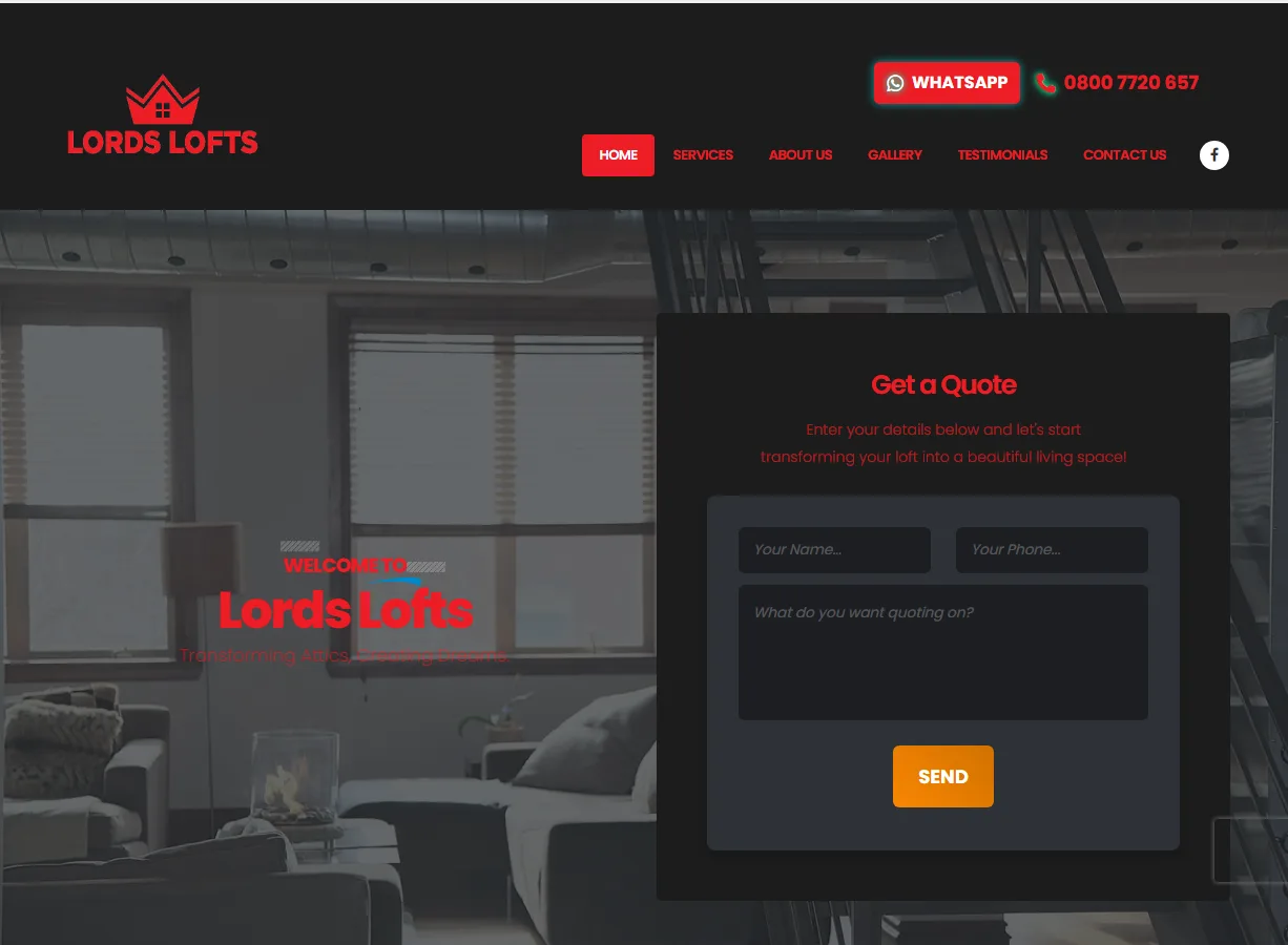 Lords Lofts website screenshot built by Web Spinner UK