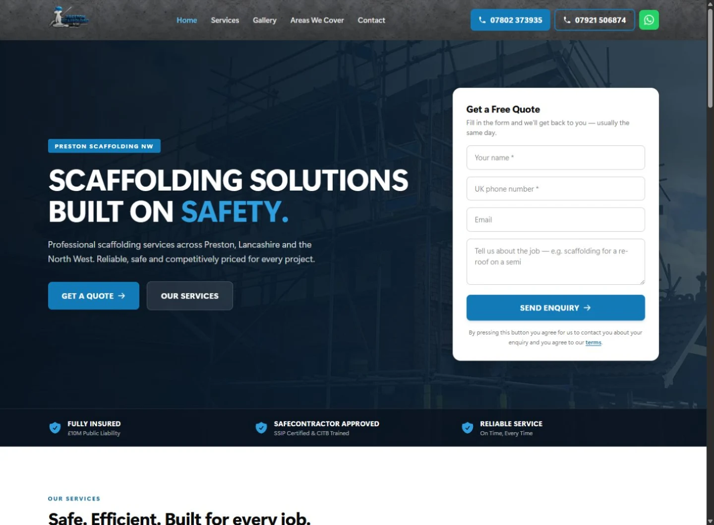 Preston Scaffolding NW LTD website screenshot in the Web Spinner UK portfolio