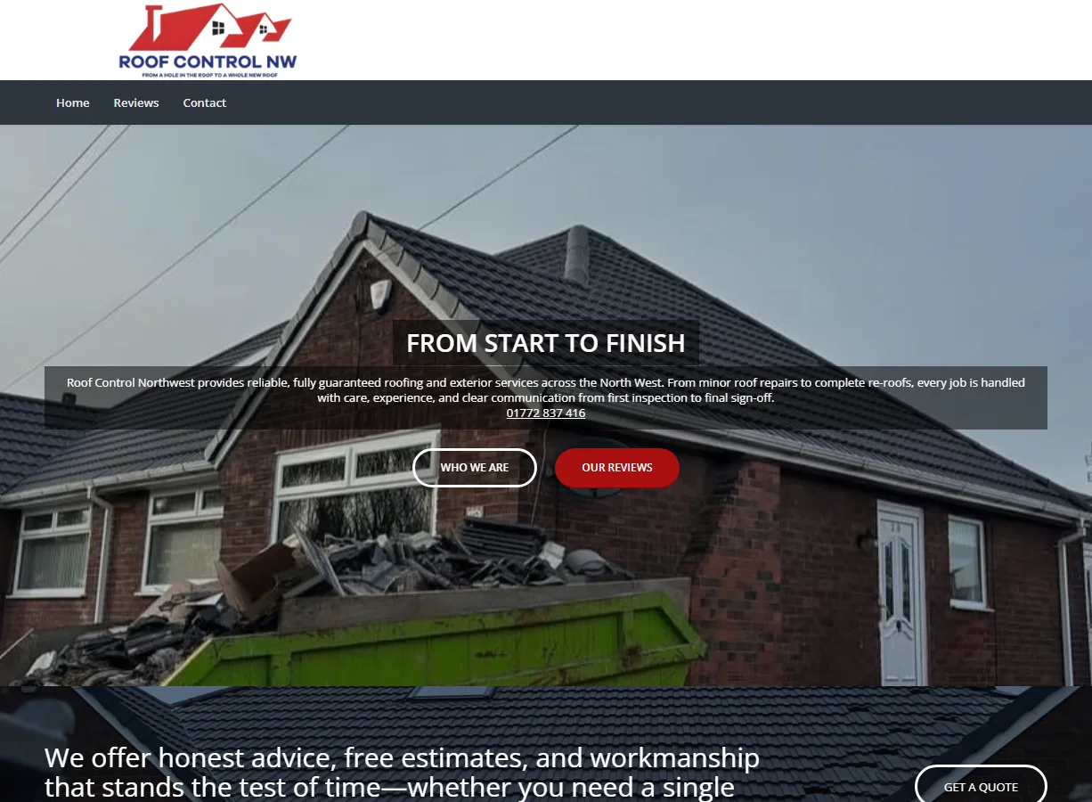 Roofing Control NW website screenshot built by Web Spinner UK