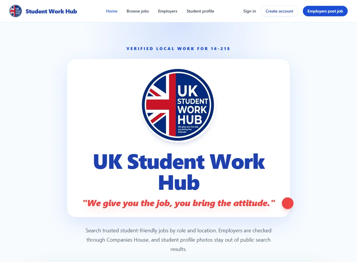 UK Student Work Hub website screenshot built by Web Spinner UK