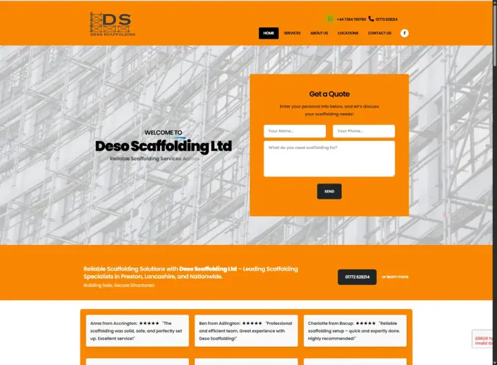Deso Scaffolding Ltd website screenshot built by Web Spinner UK