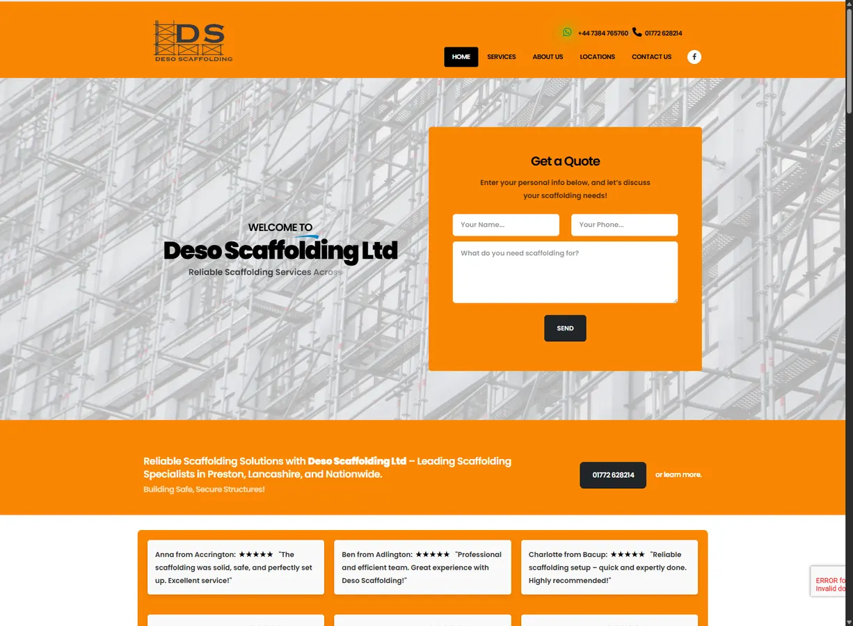 Deso Scaffolding website quote page screenshot