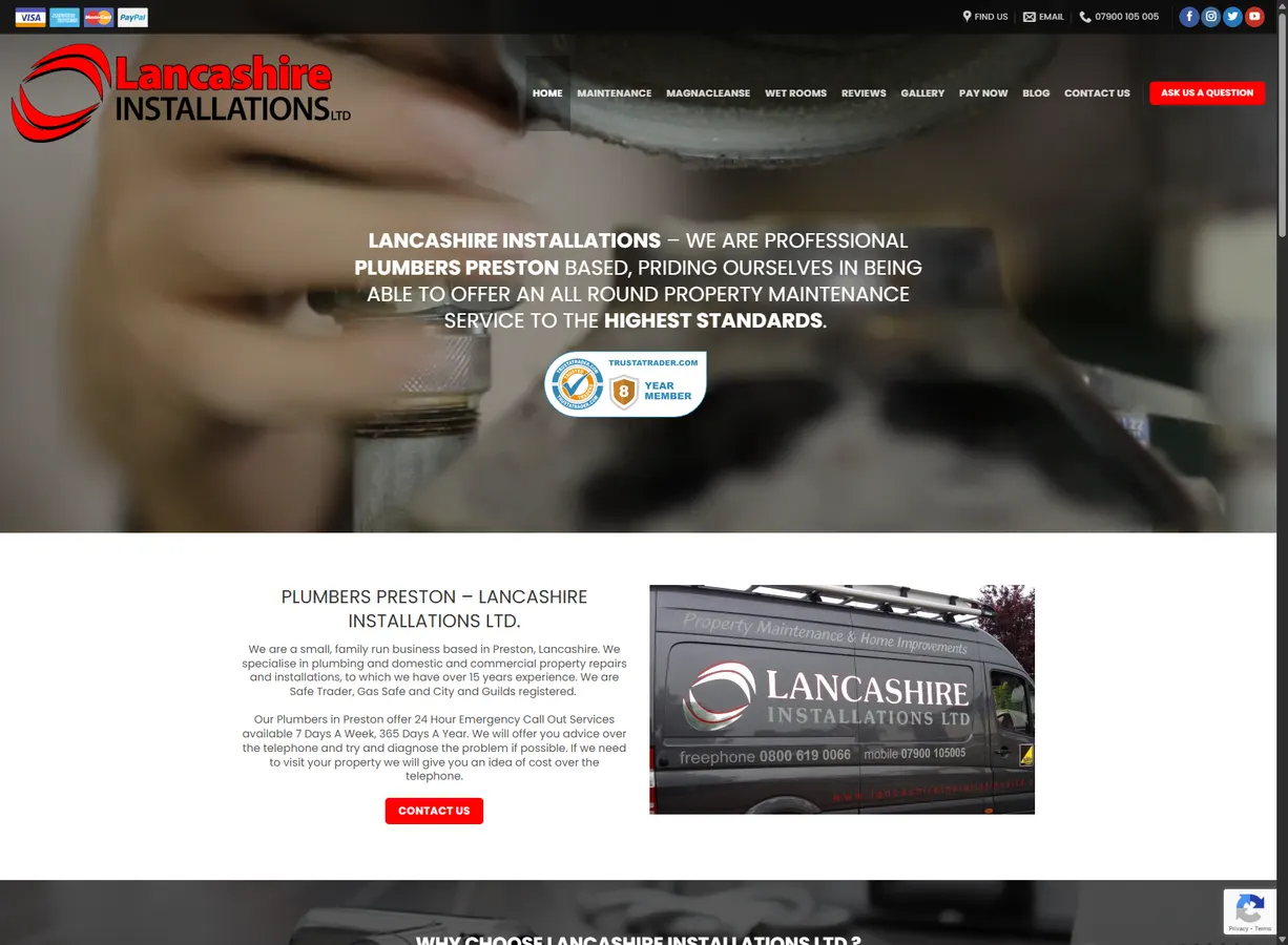 Lancashire Installations plumbing website homepage screenshot